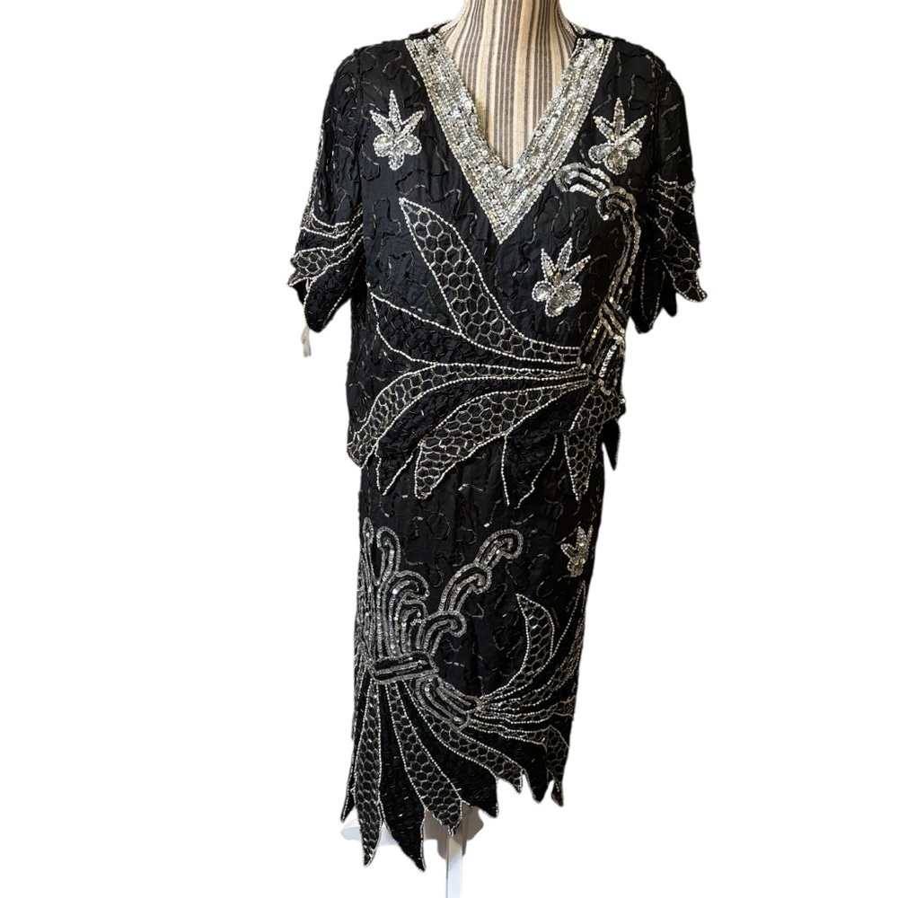 Vintage Skirt Set Large Silk Black Silver Sequins Beads Pearls Formal New VLV!